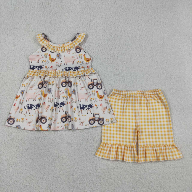GSSO3071 Kids Baby Girls Sleeveless Cows Trucks Tunic Ruffle Shorts Farm Clothes Sets