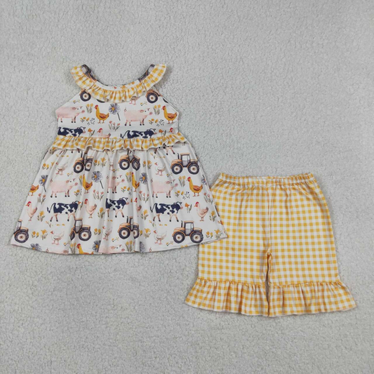 GSSO3071 Kids Baby Girls Sleeveless Cows Trucks Tunic Ruffle Shorts Farm Clothes Sets