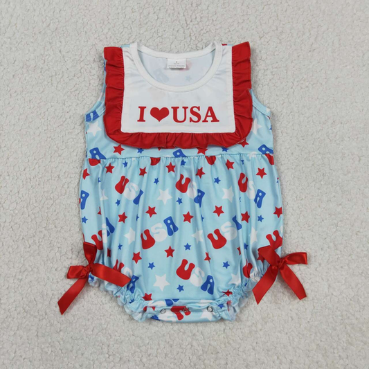 SR4154 Newborn Baby Girls Sleeveless I Love USA Stars 4th of July Ruffle Romper