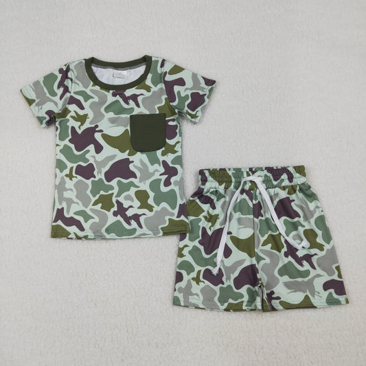 BSSO1793 Kids Baby Boys Southern Green Ducks Camo Pocket Top Shorts Hunting Clothes Sets