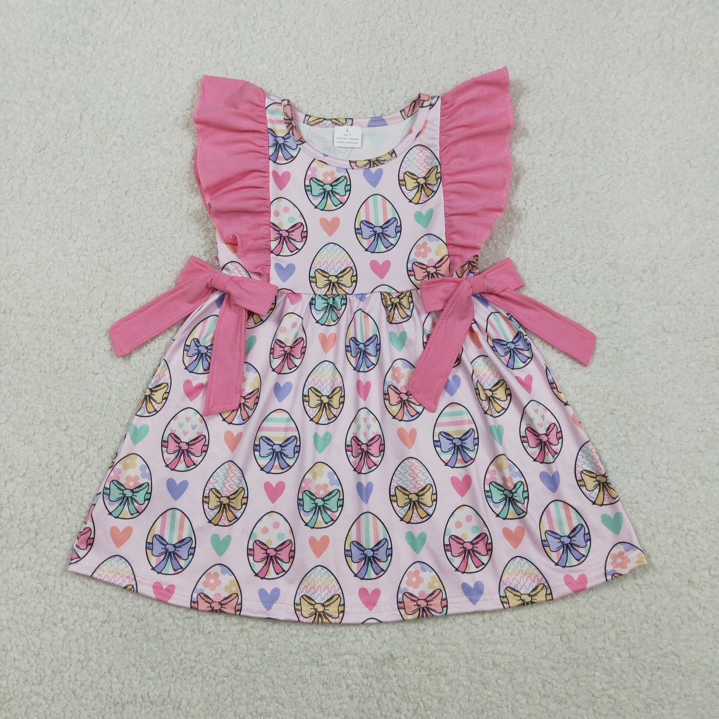 GSD3537 Kids Baby Girl Flutter Sleeve Colorful Heart Eggs Easter Knee Length Dresses