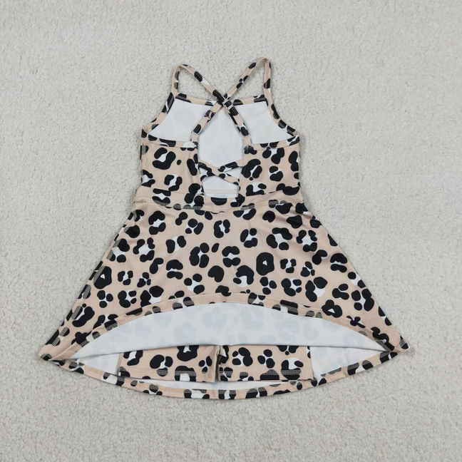 GSD2650 Kids Baby Girls Strap Leopard Shorts Yoga Active Knee Length Dresses