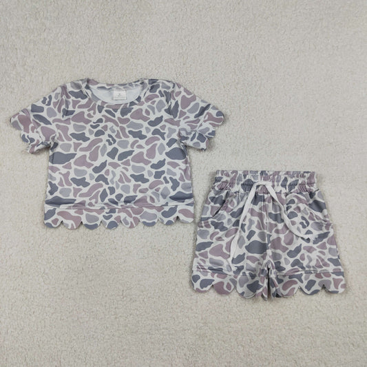 GSSO3226 Kids Baby Girls Southern Light Grey Camo Top Pockets Shorts Scallop Clothes Sets