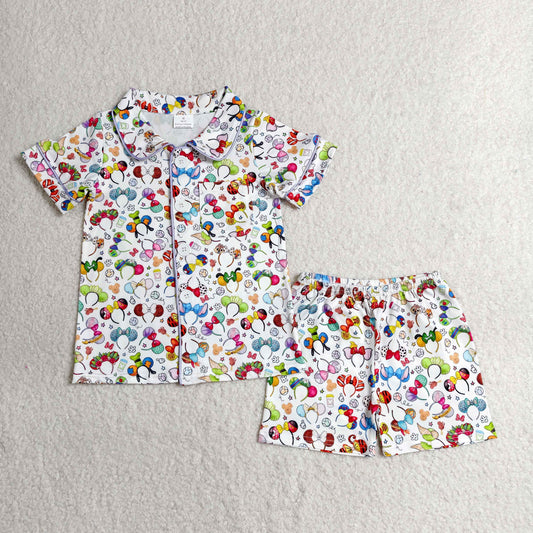 BSSO0816 Kids Baby Girls Cartoon Mouses Button Shirt Pocket Top Shorts Pajamas Clothes Sets