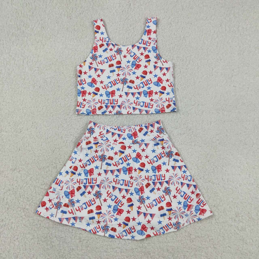 GSD3498 Kids Baby Girls Bows Popsicle Stars Vest Skirt Shorts 4th of July Yoga Active Clothes Sets
