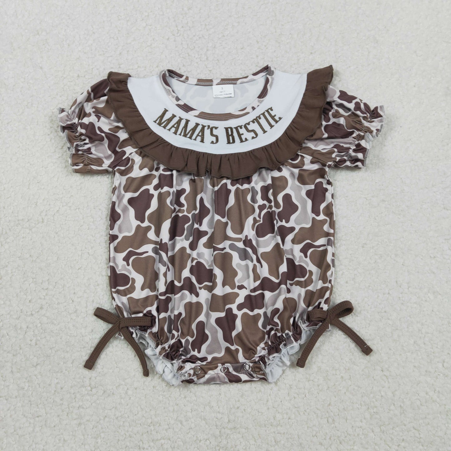 SR3888 Newborn Baby Girl Embroidery Mama's Bestie Southern Brown Camo Ruffle Rompers