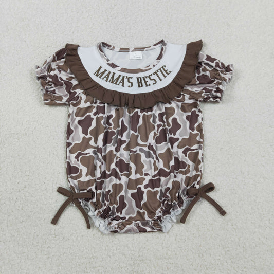 SR3888 Newborn Baby Girl Embroidery Mama's Bestie Southern Brown Camo Ruffle Rompers