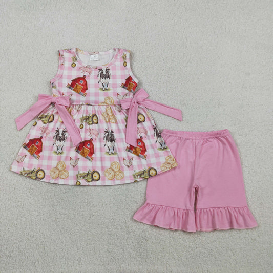GSSO3100 Kids Baby Girl Sleeveless Pink Checked House Cows Tunic Ruffle Shorts Farm Clothes Sets