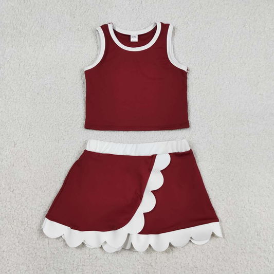 GSD4027 Kids Baby Girls Sleeveless Maroon Vest Scallop Skirt Short Yoga Active Clothes Set