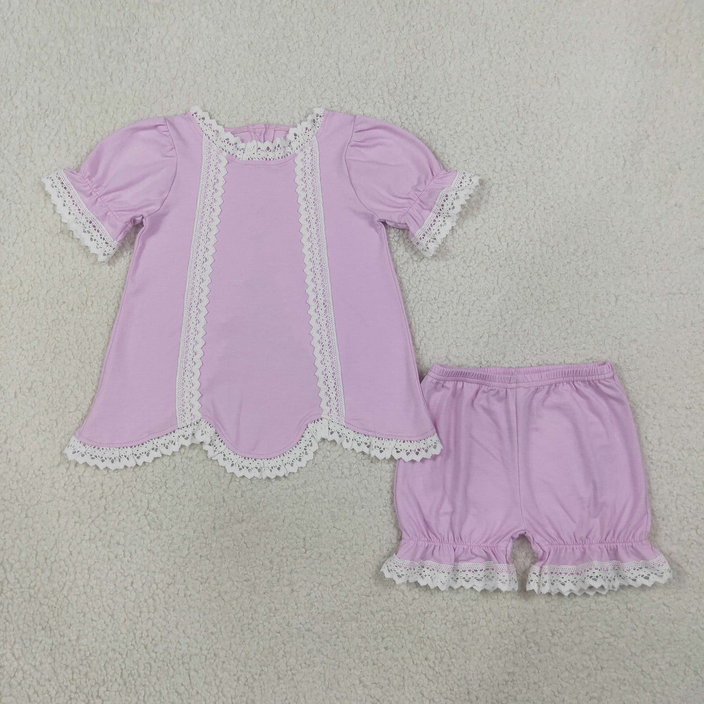 GSSO3681 Kids Clothing Baby Girls Short Sleeve Lavender Lace Back Button Tunic Ruffle Short Clothes Set