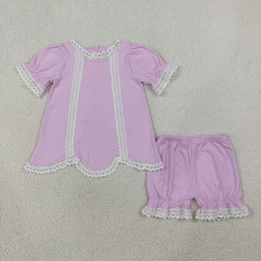 GSSO3681 Kids Clothing Baby Girls Short Sleeve Lavender Lace Back Button Tunic Ruffle Short Clothes Set