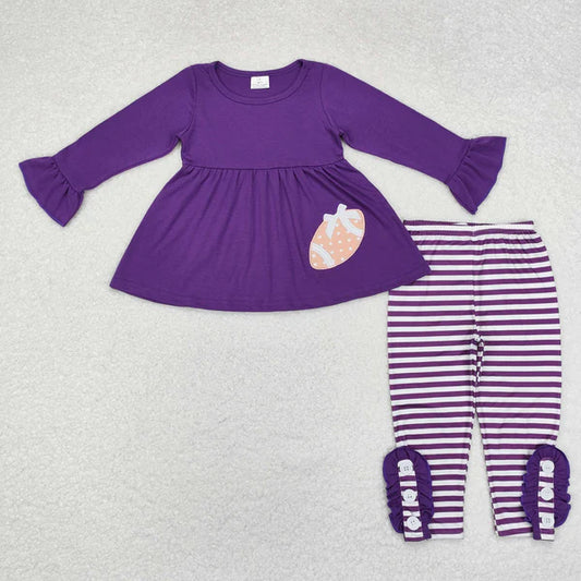 GLP1590 Baby Girls Embroidery Purple Football Team Tunic Stripes Legging Clothes Set