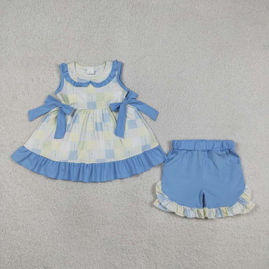 GSSO3439 Kids Baby Girls Flowers Checked Collar Tunic Pockets Ruffle Short Clothes Sets
