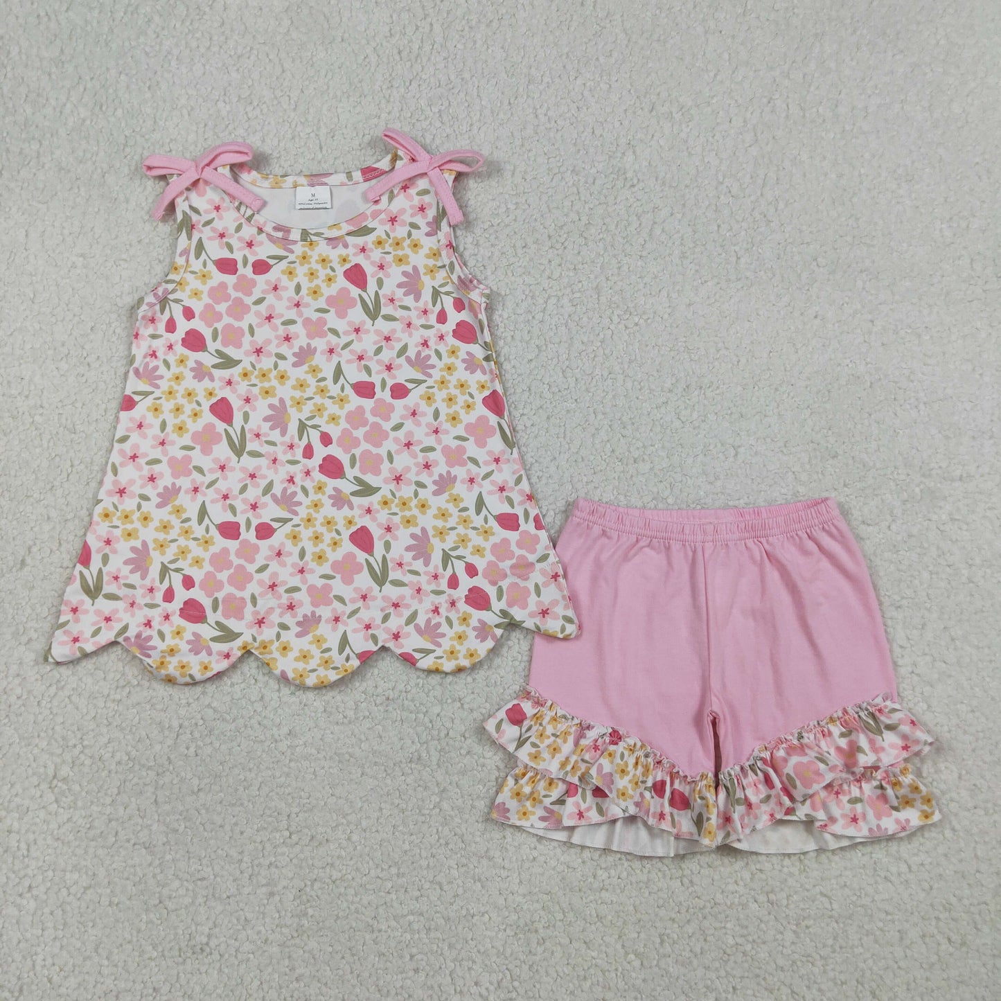 GSSO3389 Kids Baby Girl Colorful Flowers Scallop Tunic Ruffle Shorts Clothes Set