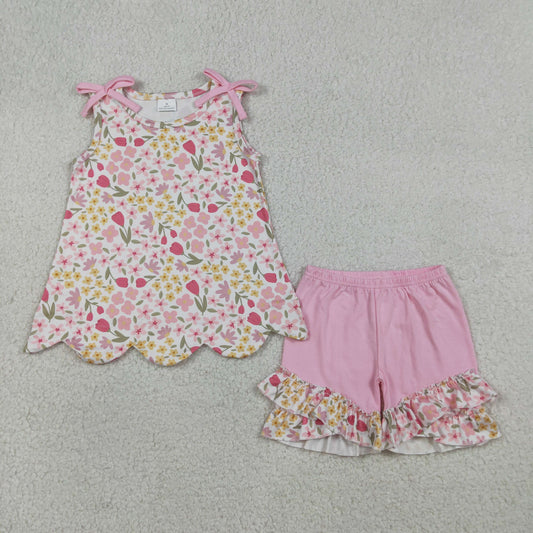 GSSO3389 Kids Baby Girl Colorful Flowers Scallop Tunic Ruffle Shorts Clothes Set