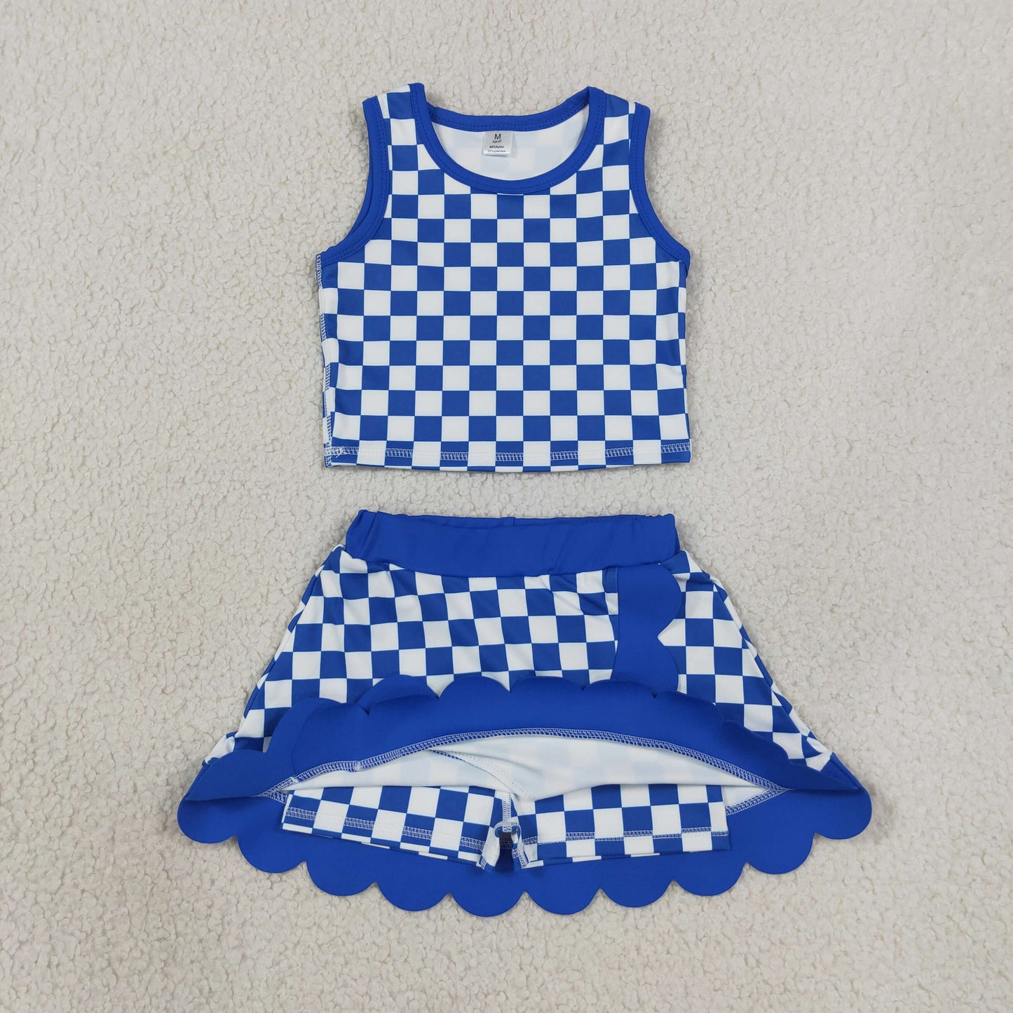GSD4110 Kids Baby Girls Hot Blue Checked Crop Scallop Skirt Short Yoga Active Clothes Sets