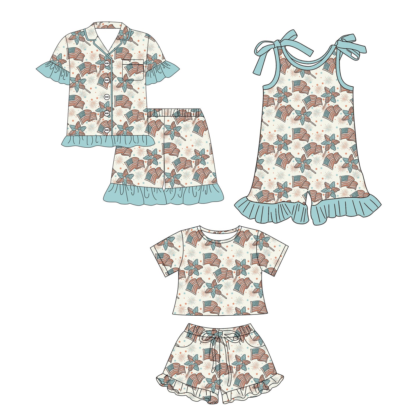 26.1.7 Custom MOQ:3 or 5 pcs each design milk silk Sibling baby girl clothes flag short sleeve shorts sets 2 and jumpsuit