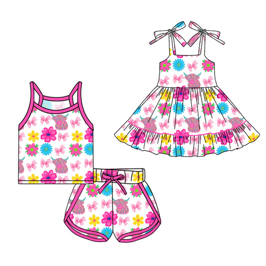 26.1.2 Custom MOQ:3 or 5 pcs each design milk silk Sibling baby girl clothes floral bow short sleeve shorts sets and dress