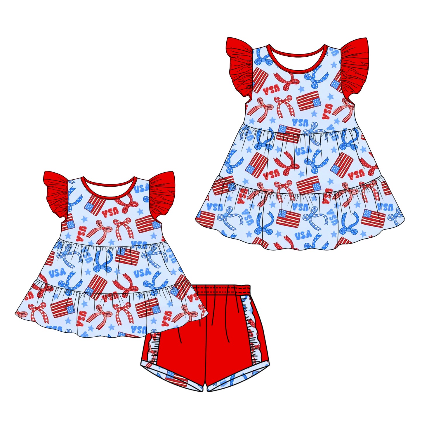 26.1.1 Custom MOQ:3 or 5 pcs each design milk silk Sibling baby girl clothes USA flag bow short sleeve shorts sets and dress
