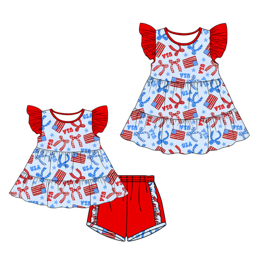 26.1.1 Custom MOQ:3 or 5 pcs each design milk silk Sibling baby girl clothes USA flag bow short sleeve shorts sets and dress