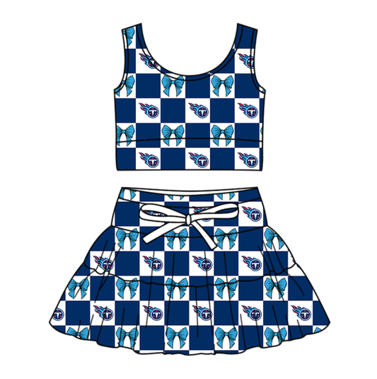 Custom Milk Silk Order MOQ:3 or 5 pcs Each Design Team State Girl Summer Bow Blue Sleeveless Skirts Sets
