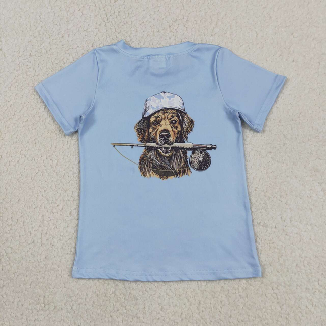 BT1765 Kids Baby Boys Blue Short Sleeve Back Dog Fishing Hunting T-shirts Top