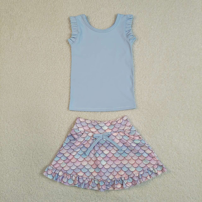 GSD3775 Kids Baby Girls Blue Vest Mermaid Pockets Skirt Short Yoga Active Clothes Set