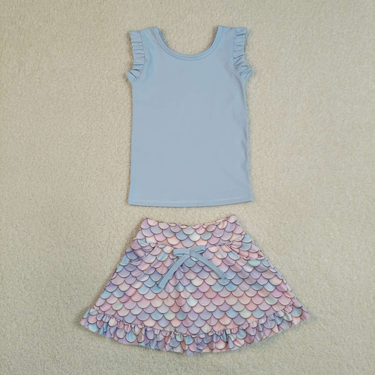GSD3775 Kids Baby Girls Blue Vest Mermaid Pockets Skirt Short Yoga Active Clothes Set