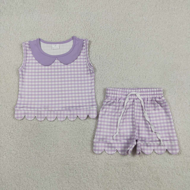 GSSO3396 Kids Baby Girls Sleeveless Lavender Checked Collar Top Shorts Scallop Clothes Set