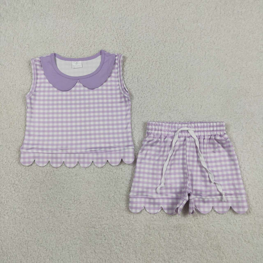 GSSO3396 Kids Baby Girls Sleeveless Lavender Checked Collar Top Shorts Scallop Clothes Set