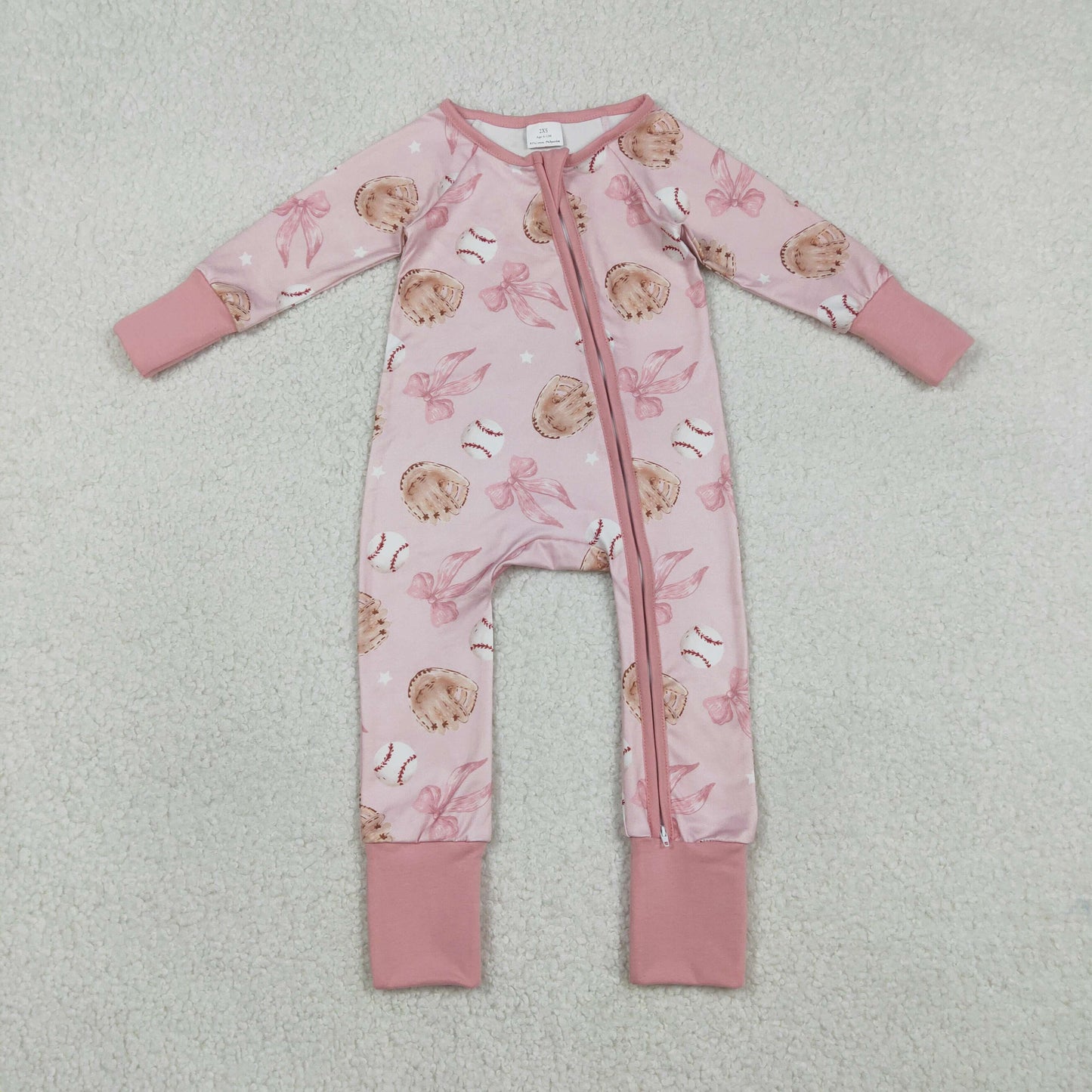 RTS NO MOQ（In Stock) LR2967 Baseball Glove Bow Pattern Pink Zipper Long-Sleeve Jumpsuit