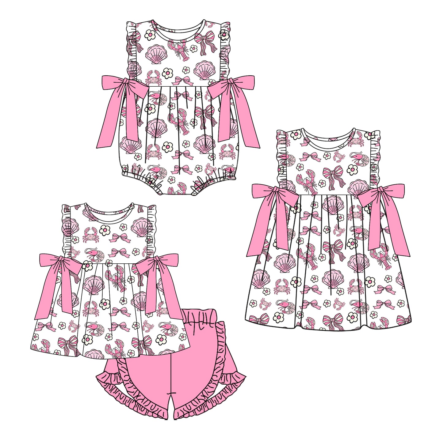 26.1.2 Custom MOQ:3 or 5 pcs each design milk silk Sibling baby girl clothes lobster bow floral short sleeve shorts sets and dress and romper