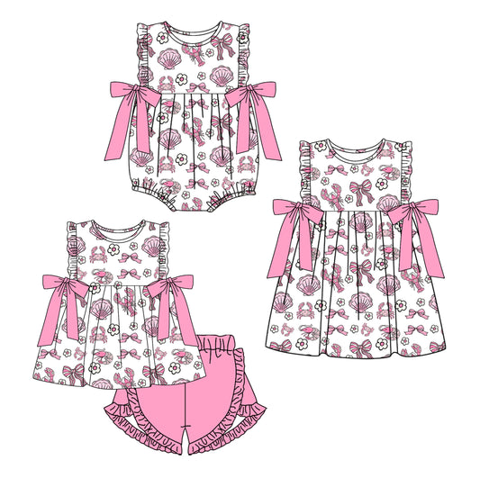 26.1.2 Custom MOQ:3 or 5 pcs each design milk silk Sibling baby girl clothes lobster bow floral short sleeve shorts sets and dress and romper