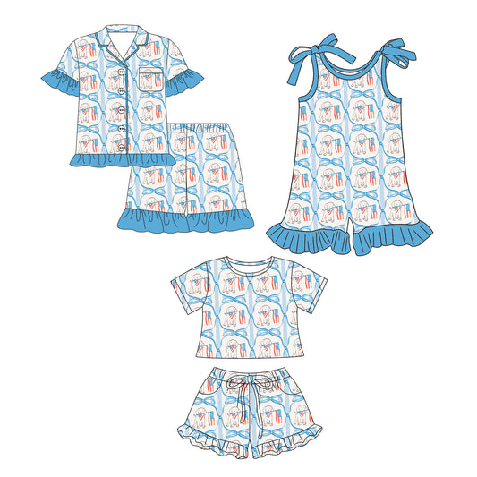 26.1.7 Custom MOQ:3 or 5 pcs each design milk silk Sibling baby girl clothes puppy flag bow short sleeve shorts sets 2 and jumpsuit