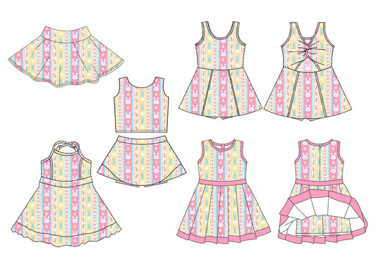 26.1.6 Custom MOQ:3 or 5 pcs each design milk silk Sibling baby girl clothes easter short sleeve skirts sets and dress 3 and skirts
