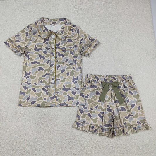 GSSO3135 Adult Women Southern Dogs Camo Button Pocket Top Ruffle Shorts Pajamas Set
