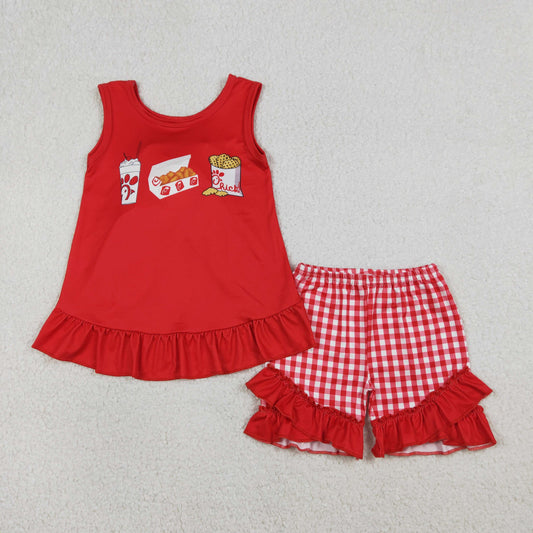 RTS NO MOQ(In Stock) GSSO3009 Chicken Fried Chicken Snack Red Sleeveless Plaid Shorts Set