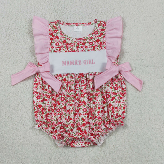 SR3939 Newborn Embroidery Mama's Girls Flutter Sleeve Flowers Bows Ruffle Rompers