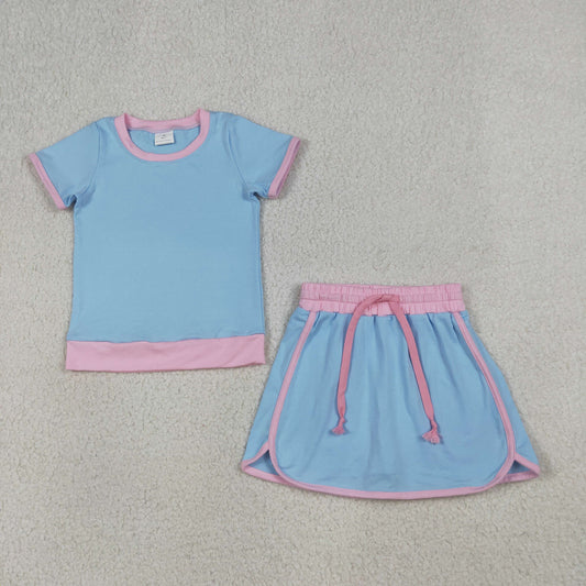 GSD3671 Kids Baby Girls Blue Short Sleeve Top Skirt Shorts Cotton Clothes Sets
