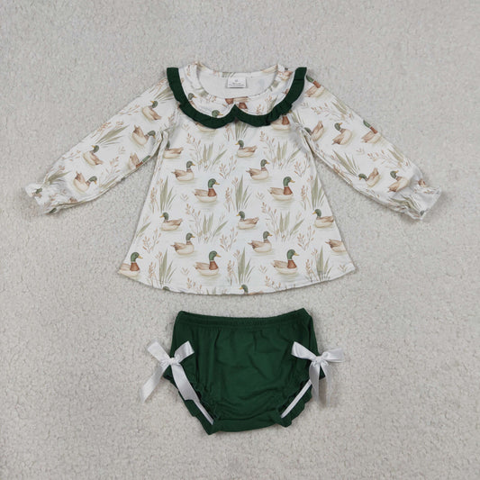 RTS NO MOQ(In Stock) GBO0482 Green Lace Peter Pan Collar Long-Sleeved Briefs Set with Duckling Grass Pattern