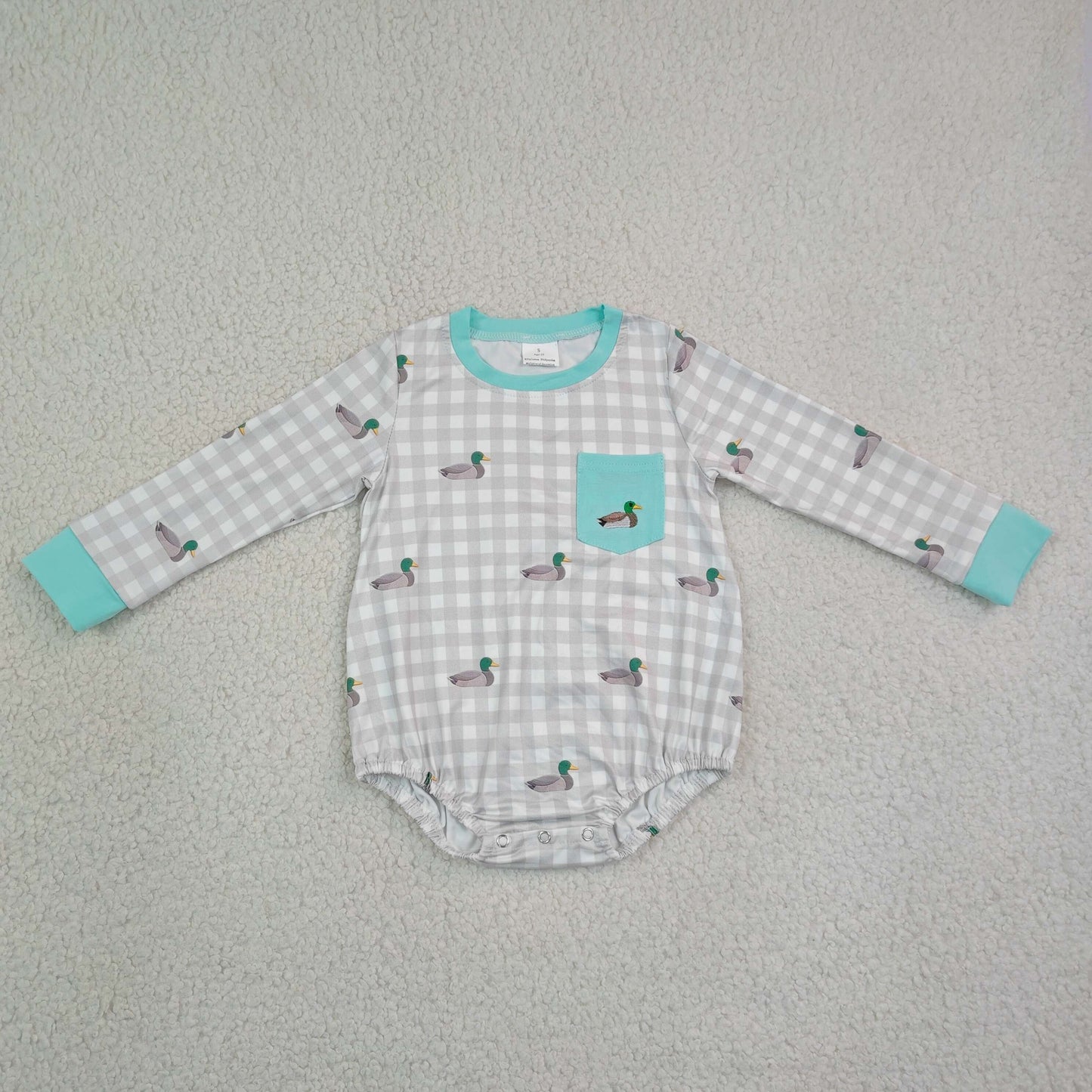 LR3000 Newborn Baby Embroidery Duck Pocket Boys Long Sleeve Checked Hunting Rompers