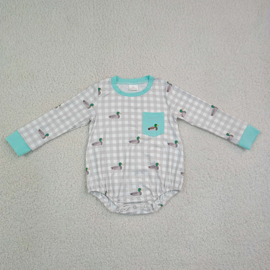 LR3000 Newborn Baby Embroidery Duck Pocket Boys Long Sleeve Checked Hunting Rompers