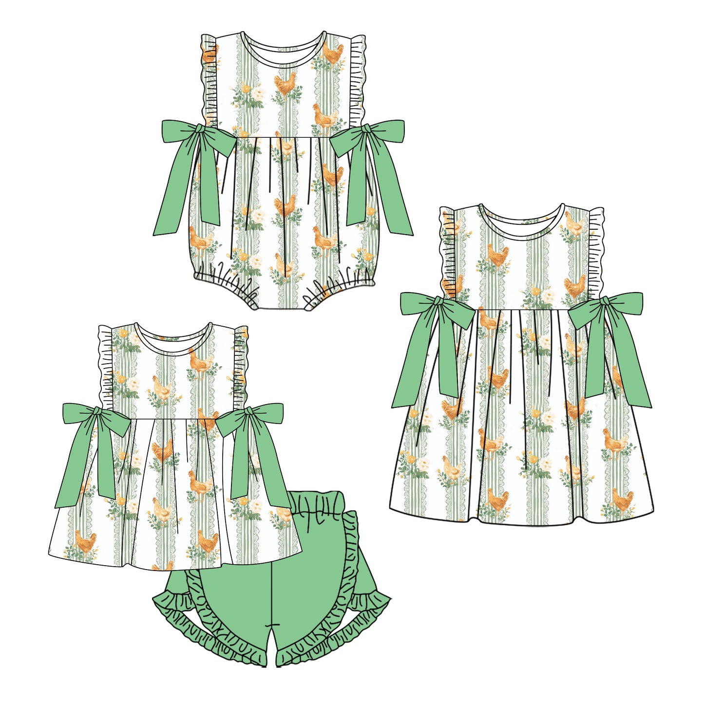 26.1.2 Custom MOQ:3 or 5 pcs each design milk silk Sibling baby girl clothes hen floral short sleeve shorts sets and dress and romper