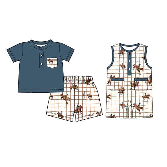 26.1.5 Custom MOQ:3 or 5 pcs each design milk silk Sibling baby boy clothes riding horse short sleeve shorts sets and romper