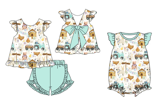 26.1.8 Custom MOQ:3 or 5 pcs each design milk silk Sibling baby girl clothes farm animal short sleeve shorts sets and romper