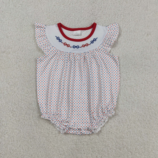SR3706 Embroidery Bows Baby Girl Blue Red Polka Dots 4th of July Ruffle Rompers