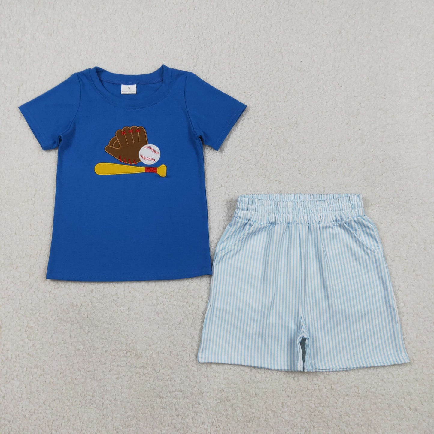 RTS NO MOQ（In Stock) BSSO1670 Embroidered Baseball Glove Blue Short-Sleeve Striped Shorts Set