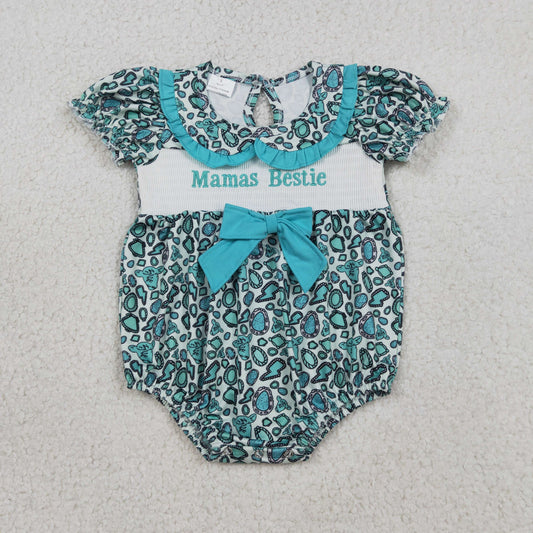 SR3863 Newborn Smocked Mama's Bestie Baby Girl Turquoises Collar Western Ruffle Rompers
