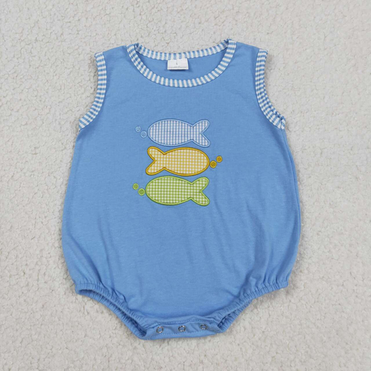 SR4005 Newborn Embroidery Fishes Baby Boys Sleeveless Hunting Rompers