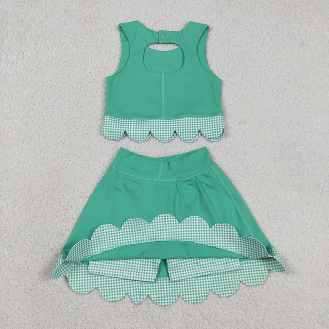 GSD3320 Kids Baby Girls Green Vest Top Bows Skirt Shorts Yoga Active Scallop Clothes Sets
